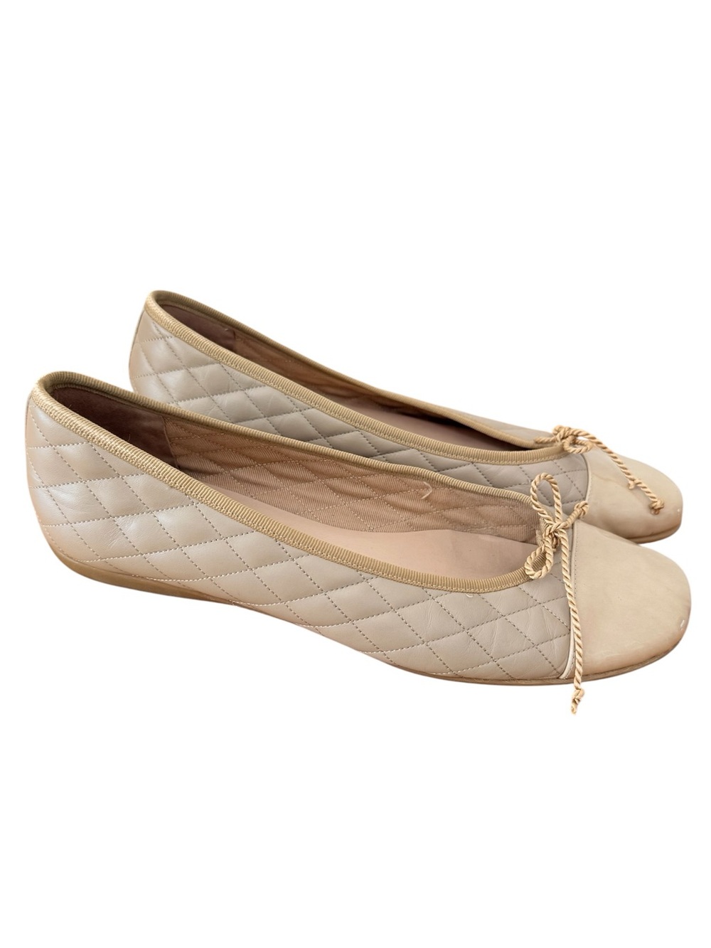 French Sole Ballet Flat Neutral Beige Quilted Toe Cap Bow New York Size 11